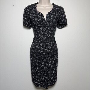 VTG 90s Women Whimsigoth Mini Dress M Black Floral‎ Lace Up Back Indie Grunge